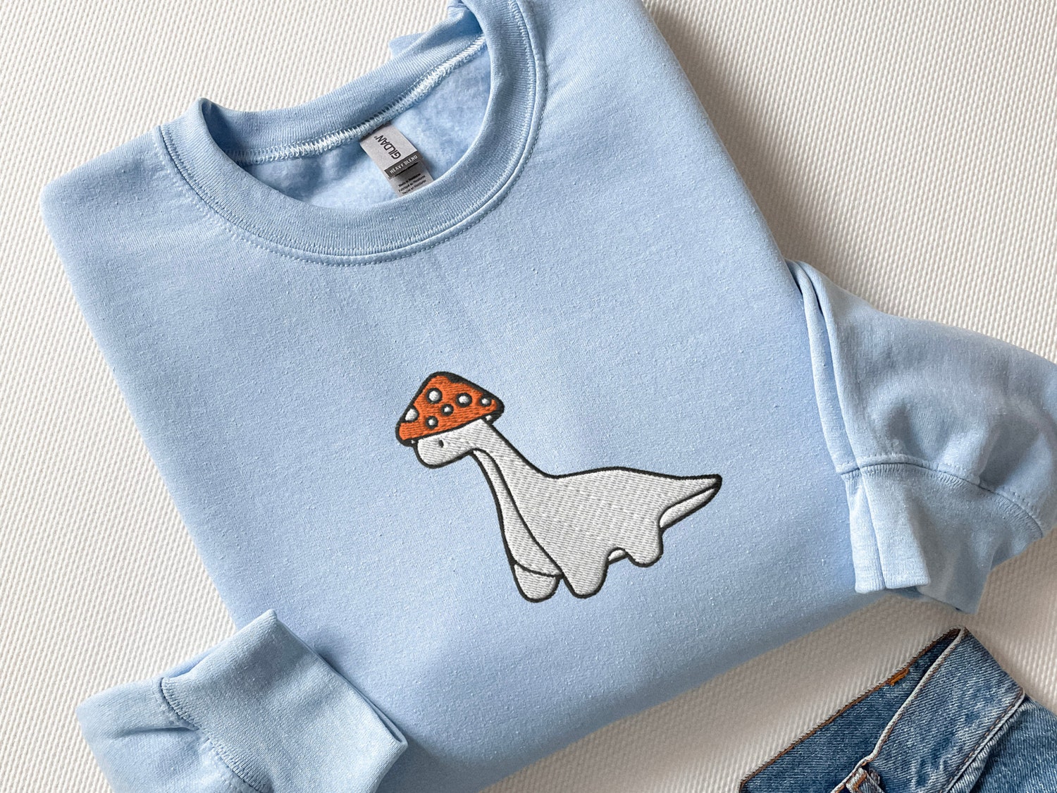 Embroidered Mushroom Dinosaur Sweatshirt Paleontology Velociraptor T-Rex Gift image 3