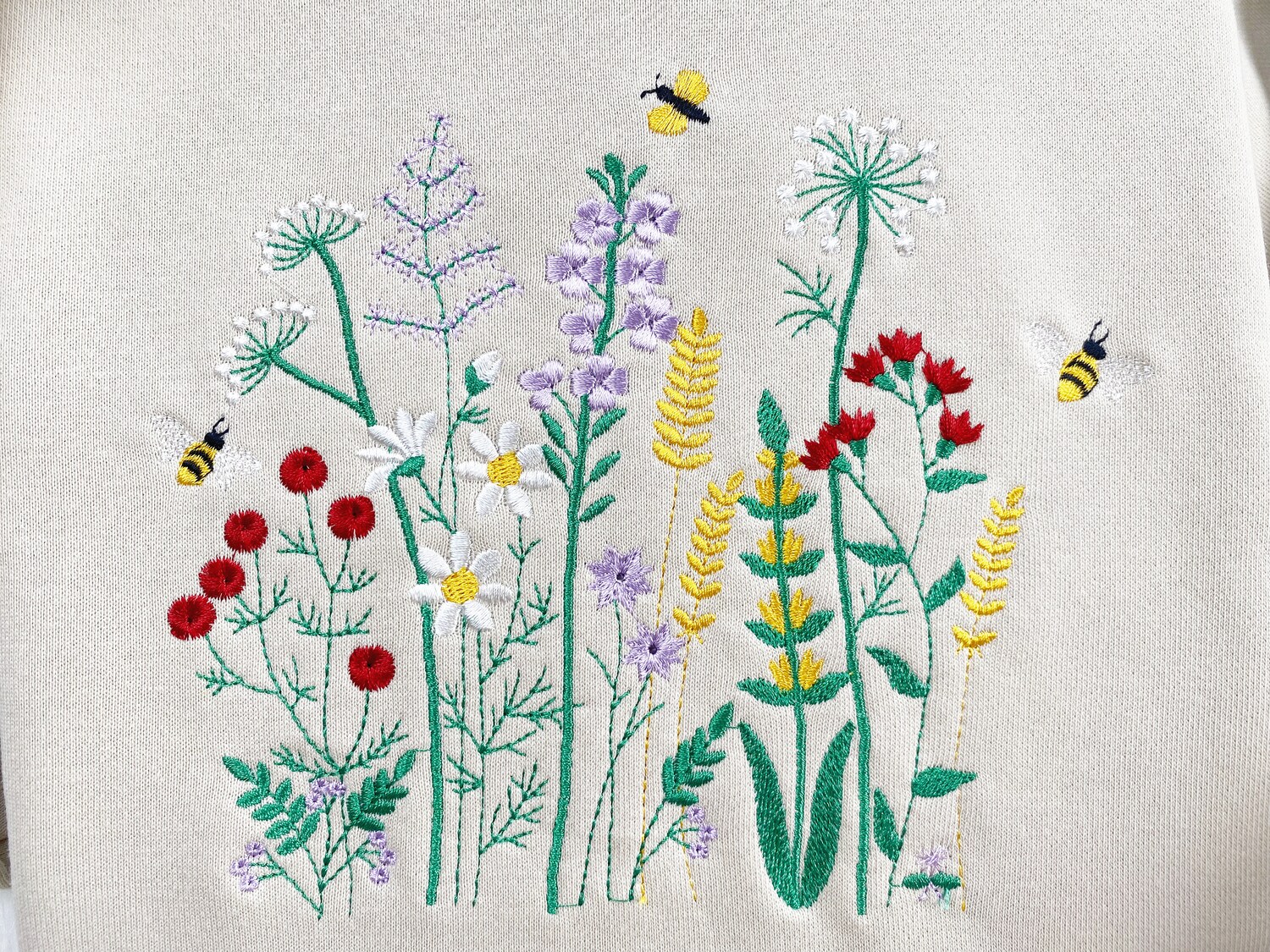 Wildflower and Honey Bee Embroidered Sweatshirt Flower & Bee Hoodie Honey Bee T-shirt image 1