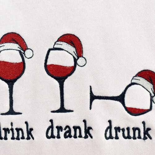 Christmas Wine Embroidered Sweatshirt Drink Drank Drunk Hoodie Holiday Crew Neck Sweater image 0