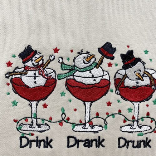 Snowman Drink Drank Drunk Christmas Sweatshirt Funny Embroidered Hoodie Cute Crew Neck image 0