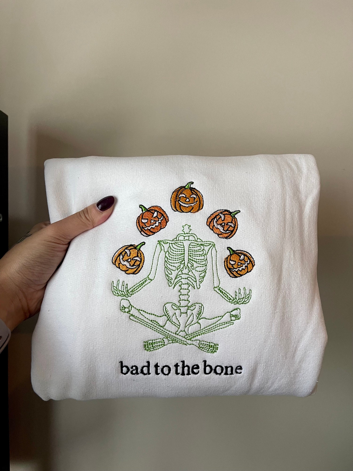 Skeleton Halloween Embroidered Sweatshirt Spooky Crewneck Gift for Her image 1