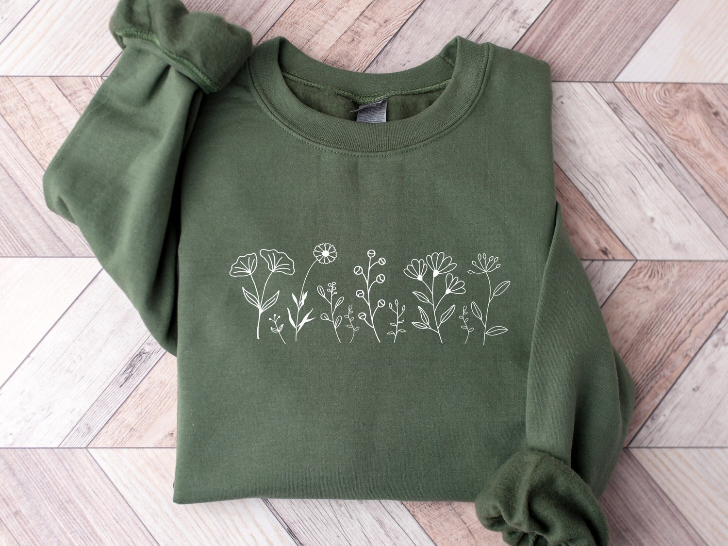 Wildflowers Embroidered Crewneck Sweatshirt Floral Botanical Nature Plant Design image 2