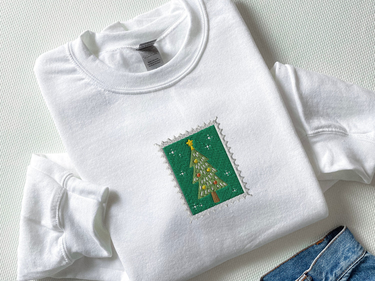 Vintage Christmas Tree Embroidered Sweatshirt Retro Stamp Holiday Shirt Festive Xmas Top image 1