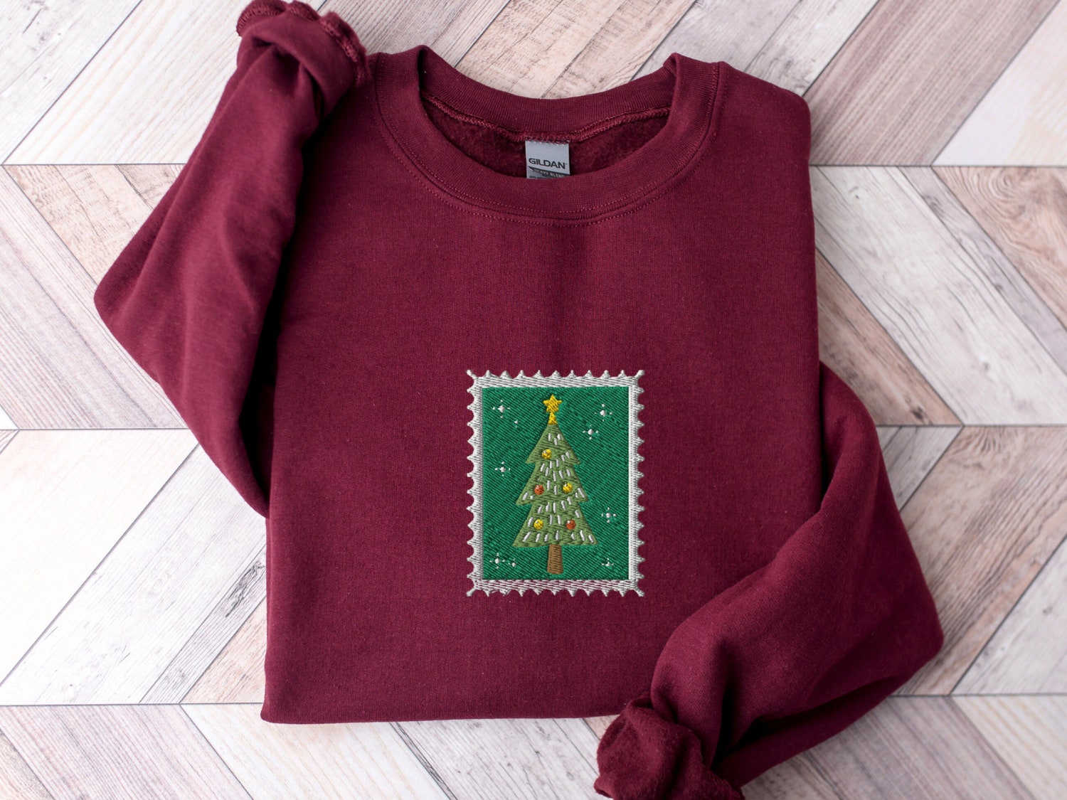 Vintage Christmas Tree Embroidered Sweatshirt Retro Stamp Holiday Shirt Festive Xmas Top image 4