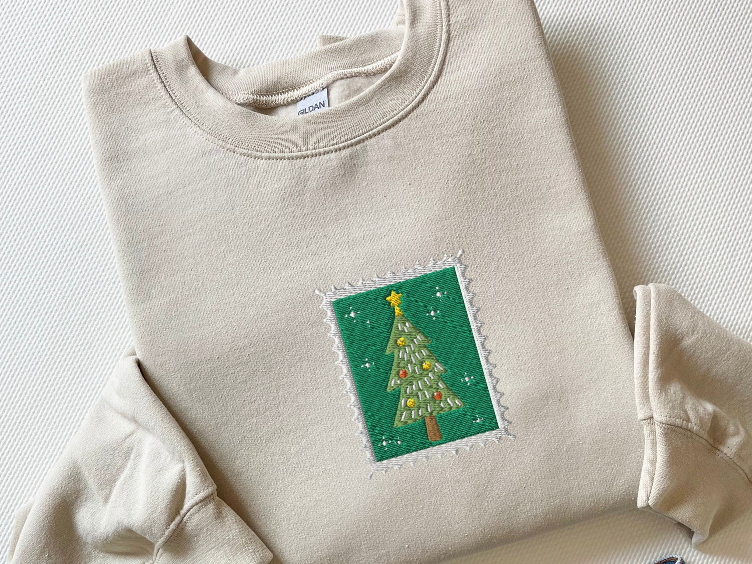 Vintage Christmas Tree Embroidered Sweatshirt Retro Stamp Holiday Shirt Festive Xmas Top image 2