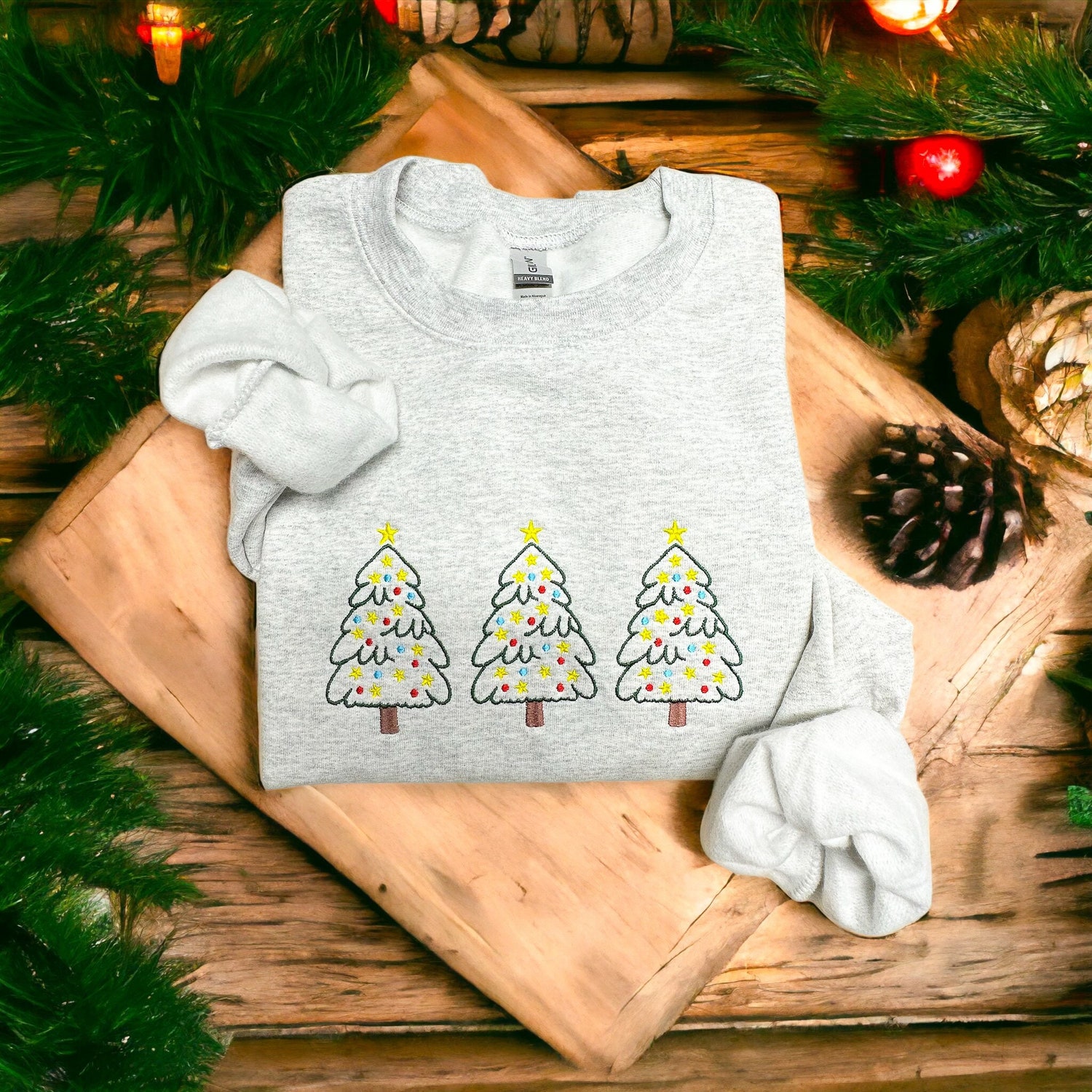 Christmas Tree Embroidered Sweatshirt Women's Holiday Crewneck Christmas Sweater image 1