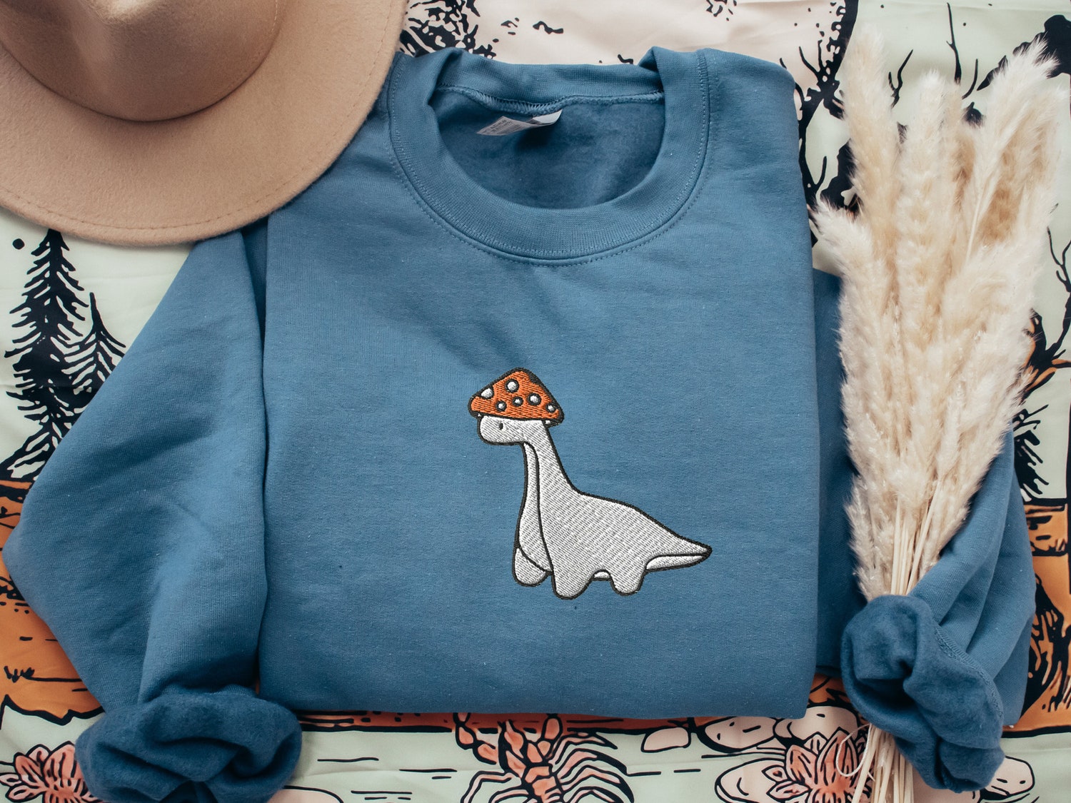 Embroidered Mushroom Dinosaur Sweatshirt Paleontology Velociraptor T-Rex Gift image 4