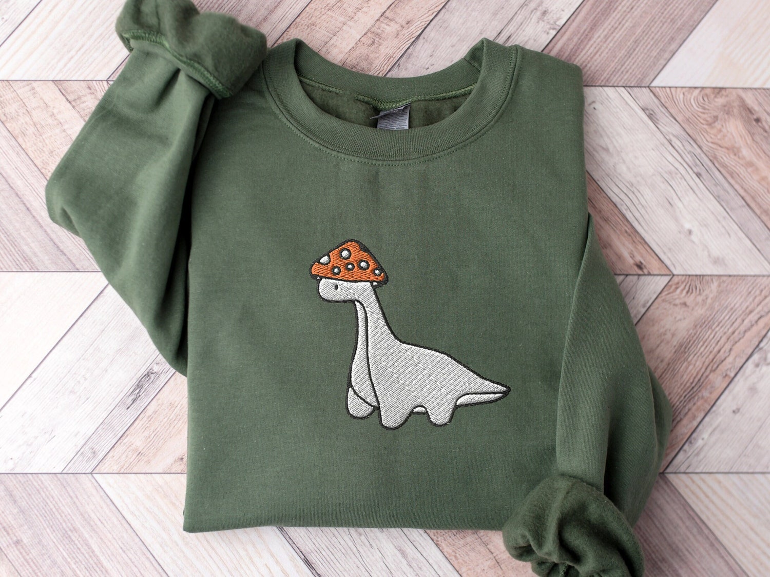 Embroidered Mushroom Dinosaur Sweatshirt Paleontology Velociraptor T-Rex Gift image 1