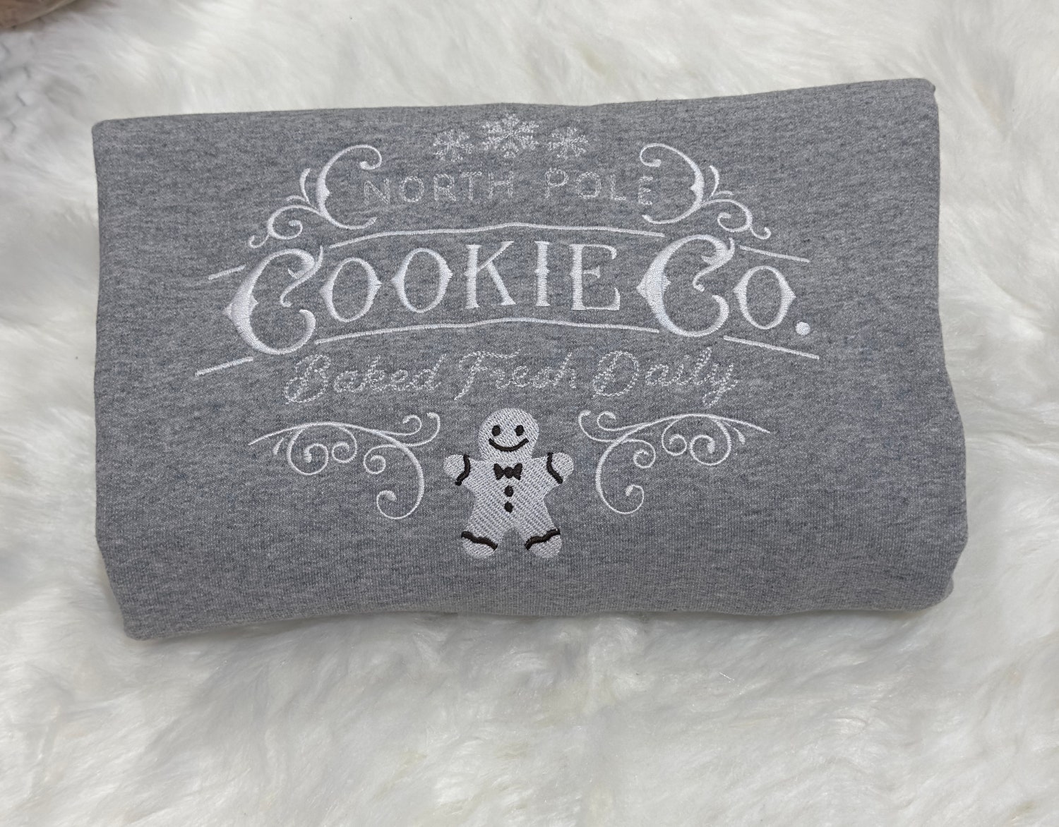 North Pole Cookie Co Embroidered Sweatshirt White Thread Holiday Sweater image 1