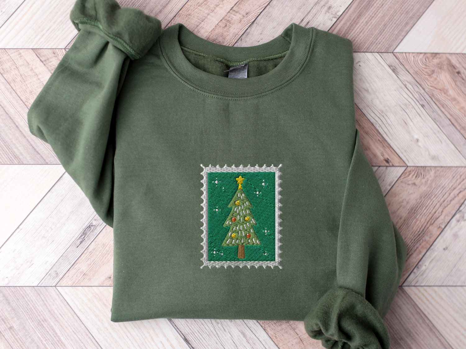 Vintage Christmas Tree Embroidered Sweatshirt Retro Stamp Holiday Shirt Festive Xmas Top image 3