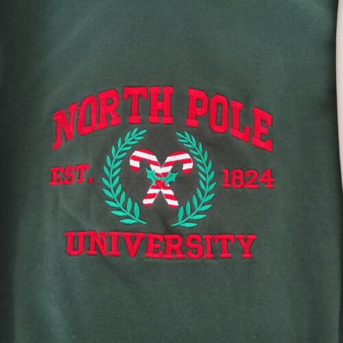 North Pole University Embroidered Christmas Sweatshirt Holiday Crew Neck Hoodie image 0