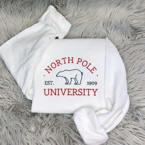 North Pole University Embroidered Sweatshirt Unisex Polar Bear Christmas Hoodie image 0