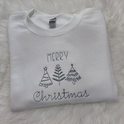 Merry Christmas Trees Embroidered Sweatshirt Hoodie Holiday Embroidered Apparel image 0