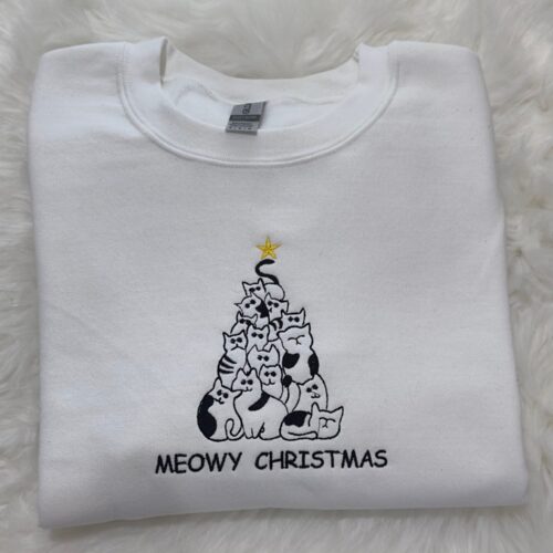 Meowy Christmas Cats Embroidered Sweatshirt Hoodie Holiday Cat Lover Gift image 0