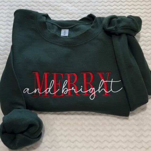 Merry and Bright Embroidered Sweatshirt Holiday Christmas Sweatshirt Cozy Winter Apparel image 0