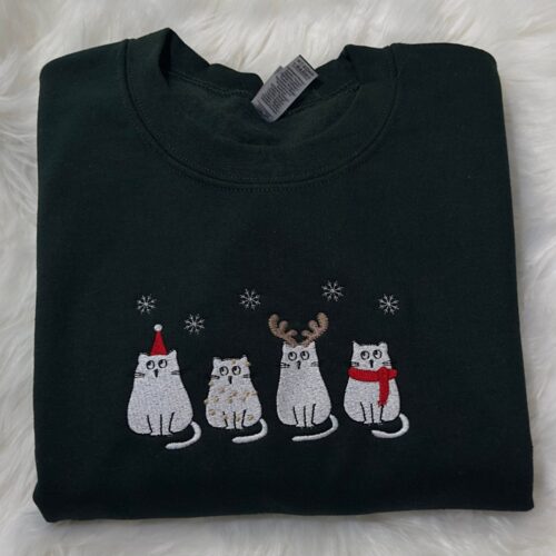 Christmas Winter Cats Embroidered Sweatshirt Hoodie Holiday Cat Design Cozy Christmas Apparel image 0