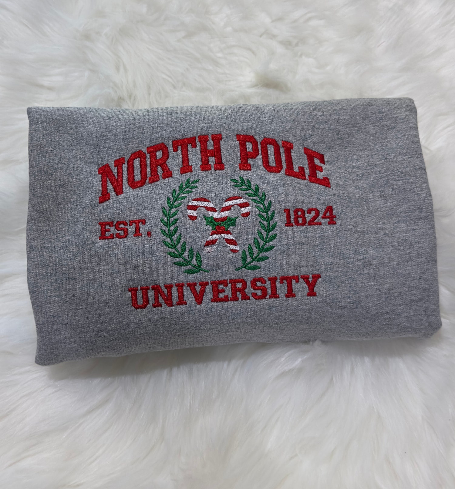 North Pole Candy Cane University Embroidered Sweatshirt Hoodie Vintage Christmas Sweater image 1