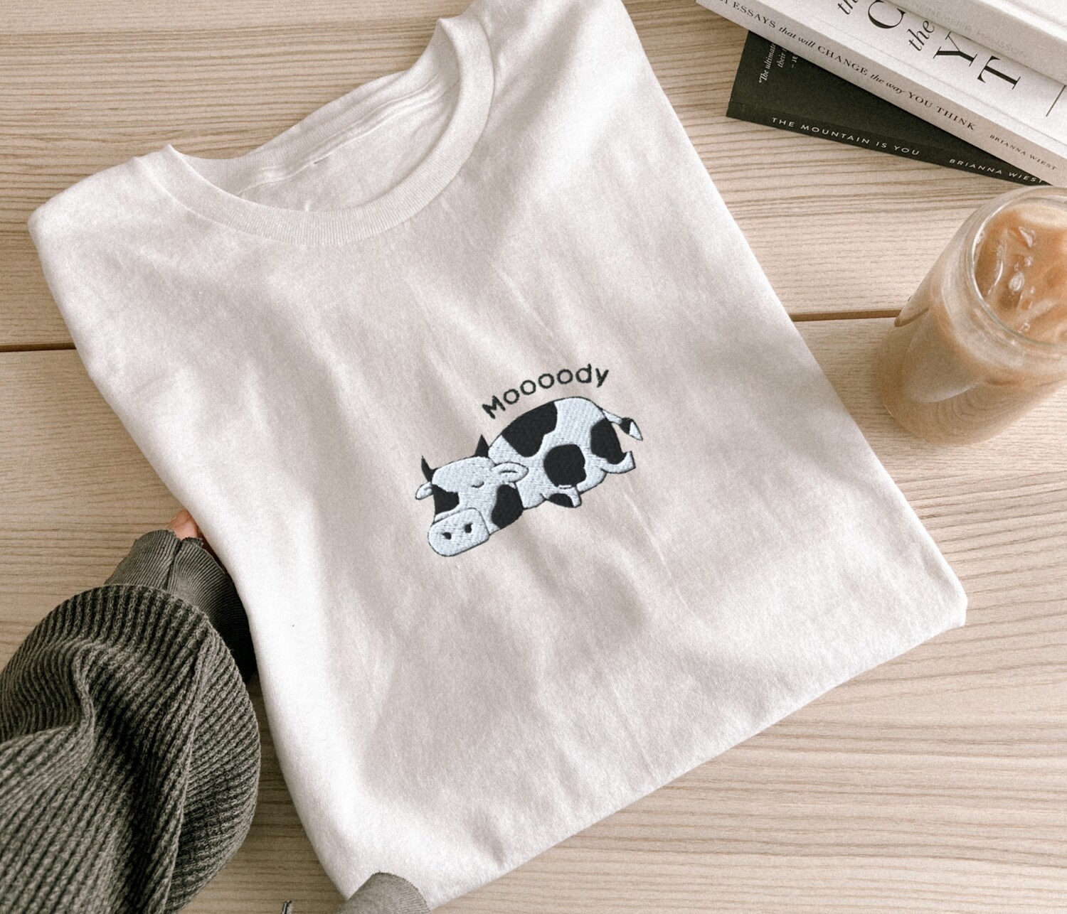 Embroidered Moody Cow Comfort Colors Unisex T-Shirt Cow Lovers Gift Cottage Farm Animal Shirt image 1