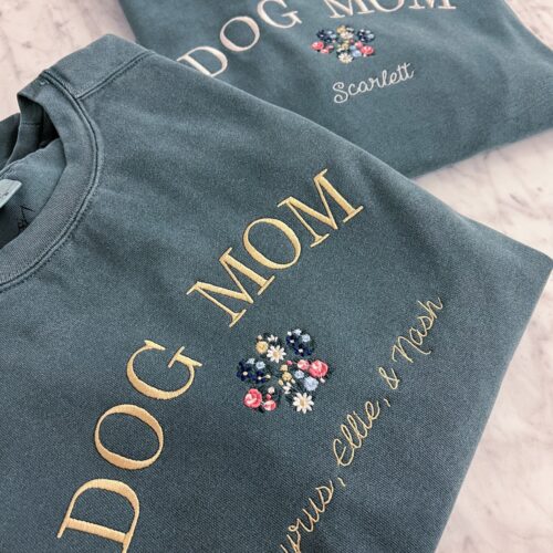 Personalized Dog Mom Cat Mom Floral Paw Print Embroidered Crewneck Sweatshirt Christmas Gift image 0