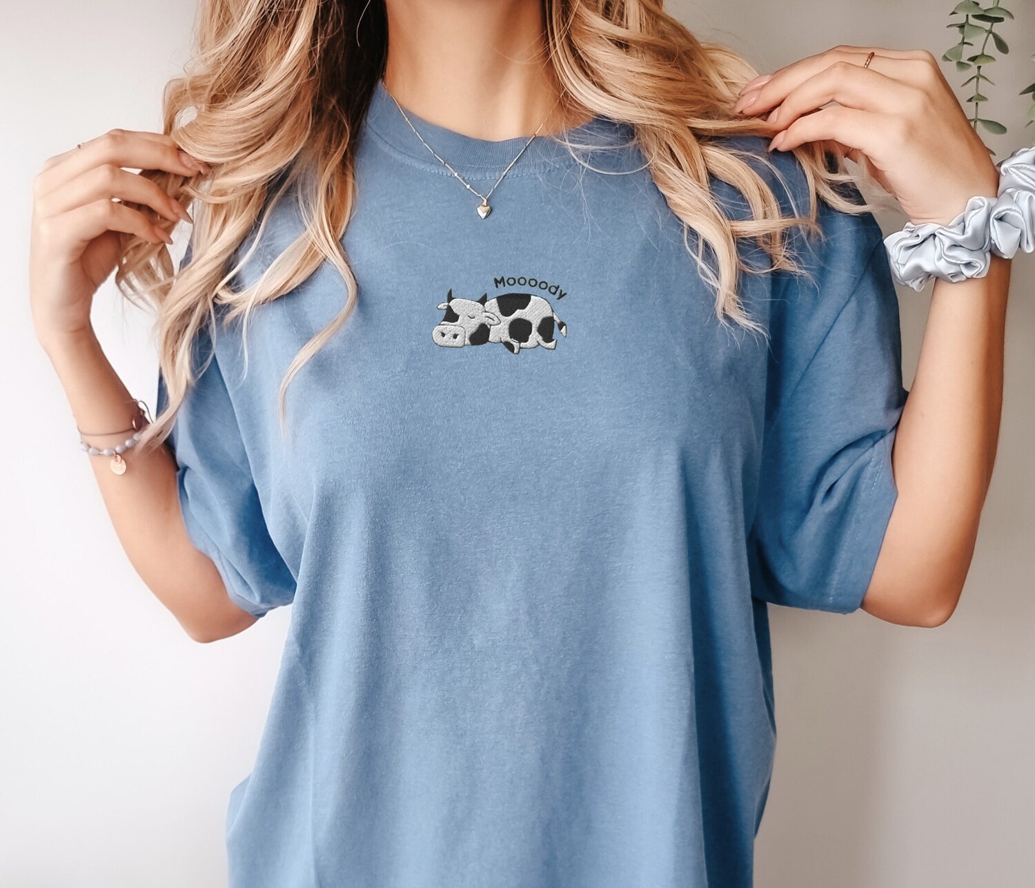 Embroidered Moody Cow Comfort Colors Unisex T-Shirt Cow Lovers Gift Cottage Farm Animal Shirt image 2