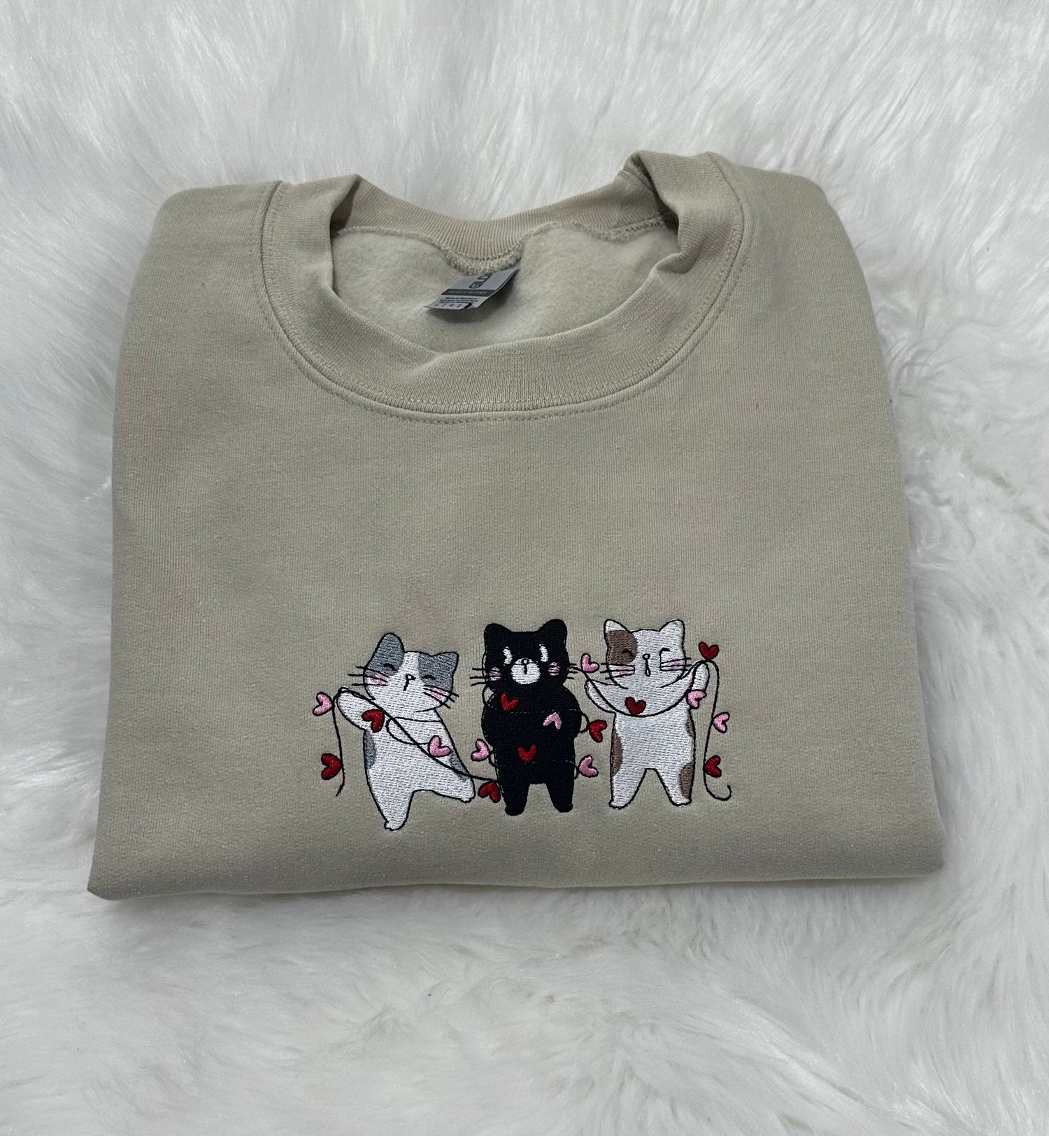 Valentine's Day Cats Embroidered Sweatshirt Cat Love Crewneck for Valentine’s Day image 3