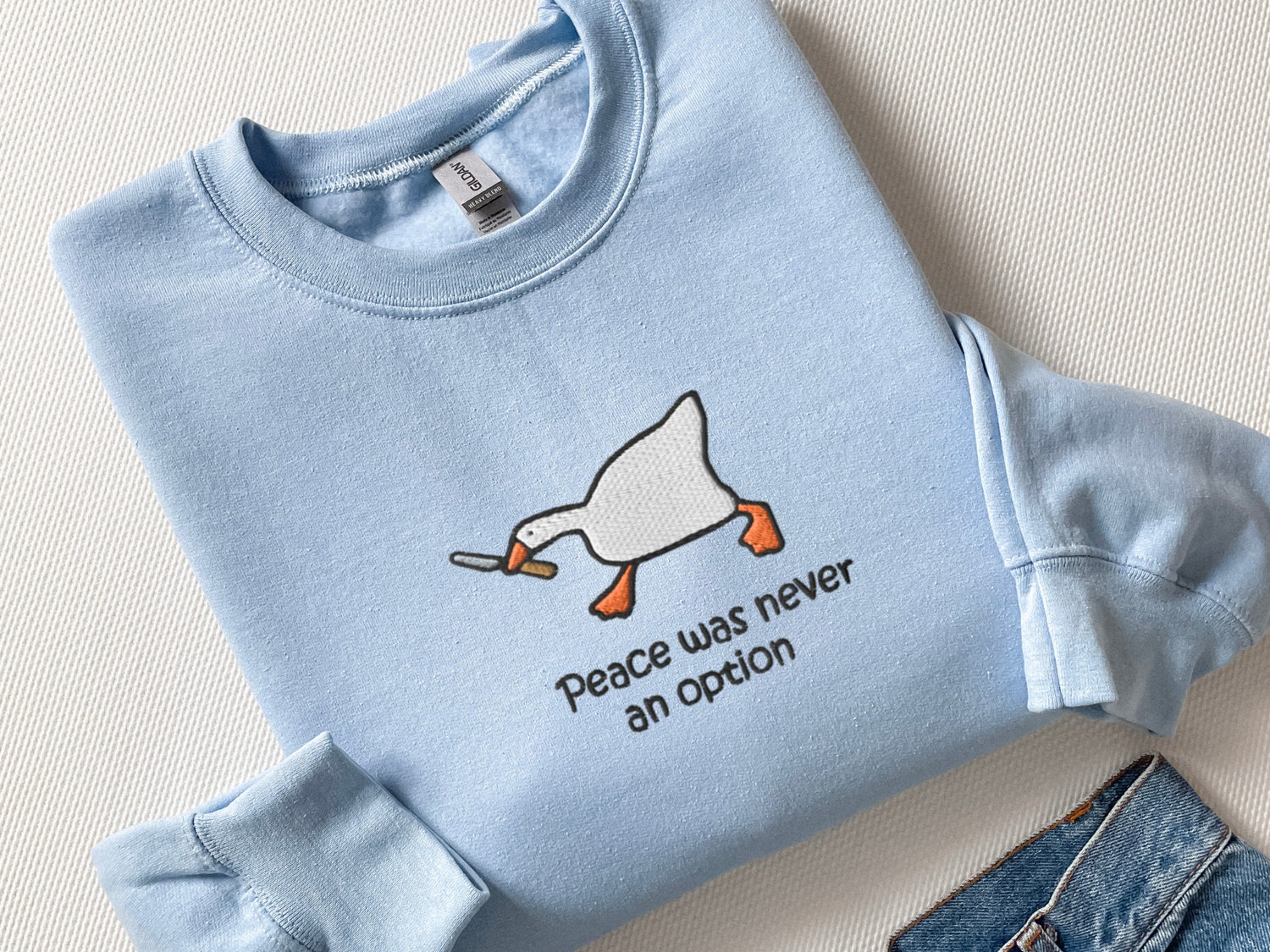 Murder Duck Meme Embroidered Crewneck Sweatshirt Funny Silly Goose Shirt Peace Was Never an Option image 5