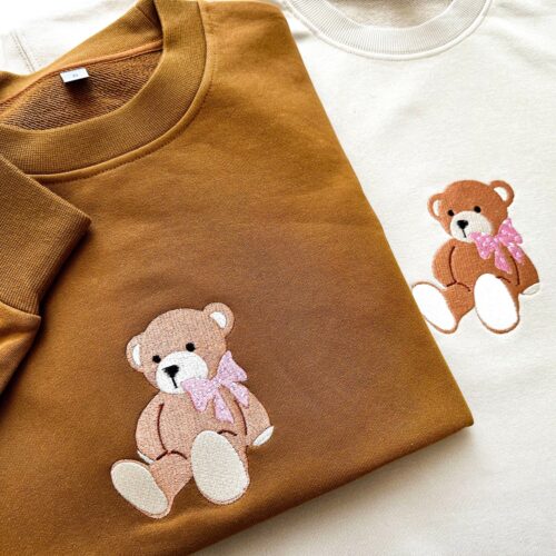 Adorable Teddy Bear Embroidered Sweatshirt Cute Bow Crewneck Sweater Teddy Bear Lover Gift image 0