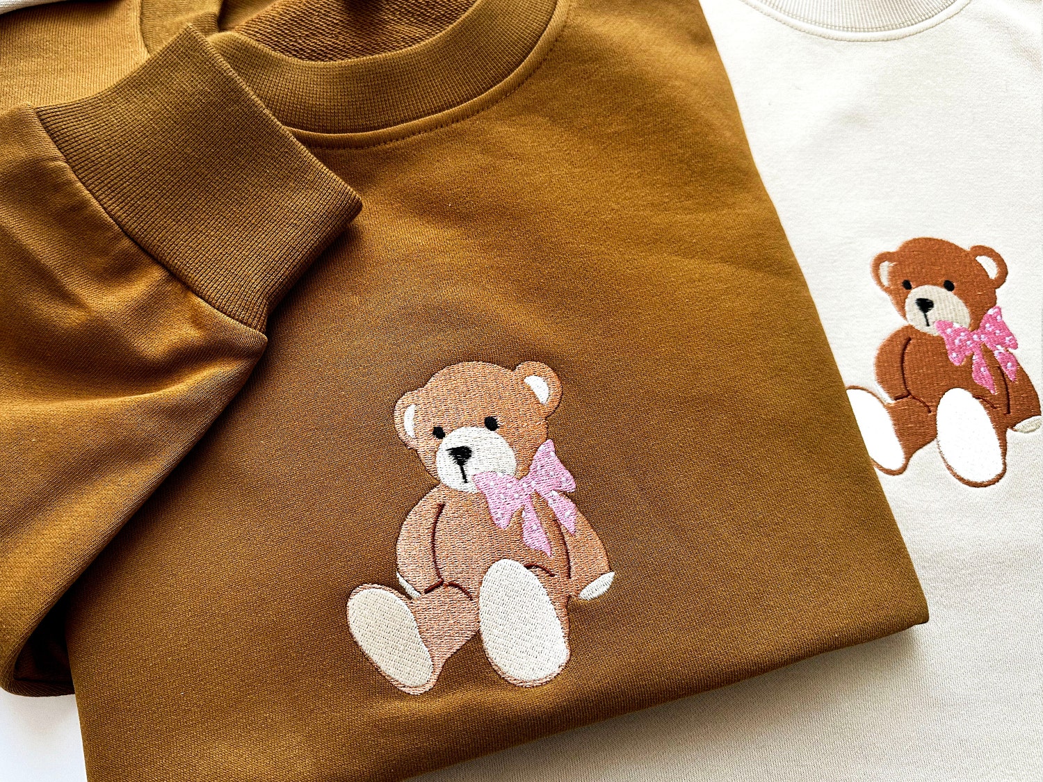 Adorable Teddy Bear Embroidered Sweatshirt Cute Bow Crewneck Sweater Teddy Bear Lover Gift image 2