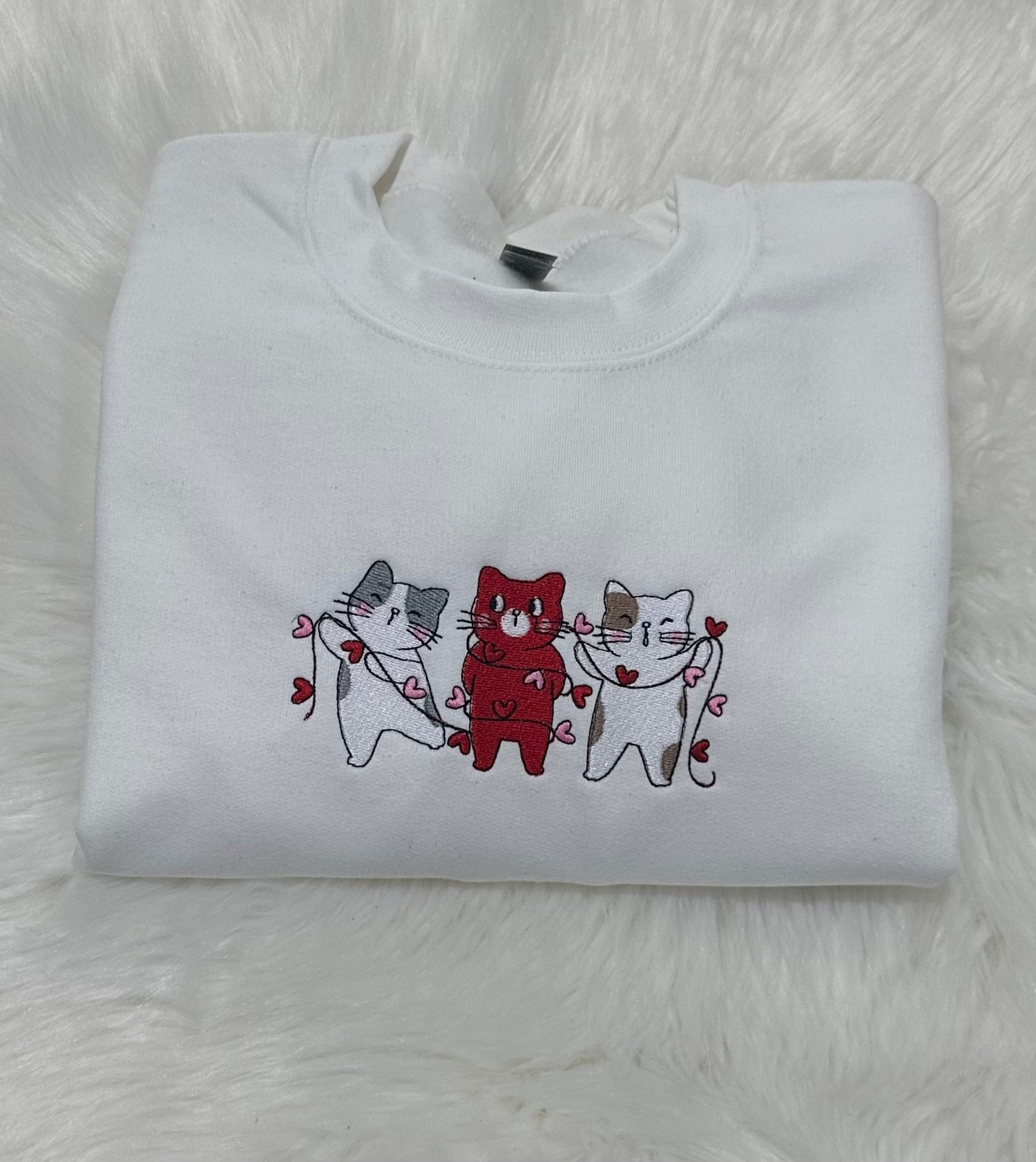 Valentine's Day Cats Embroidered Sweatshirt Cat Love Crewneck for Valentine’s Day image 1