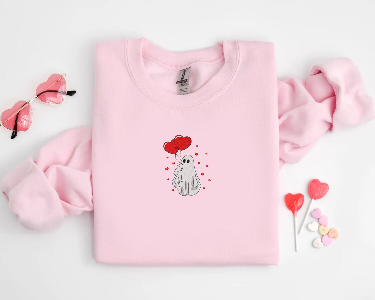 Valentine Ghost Embroidered Sweatshirt Valentine's Day Heart Crewneck Sweater image 1