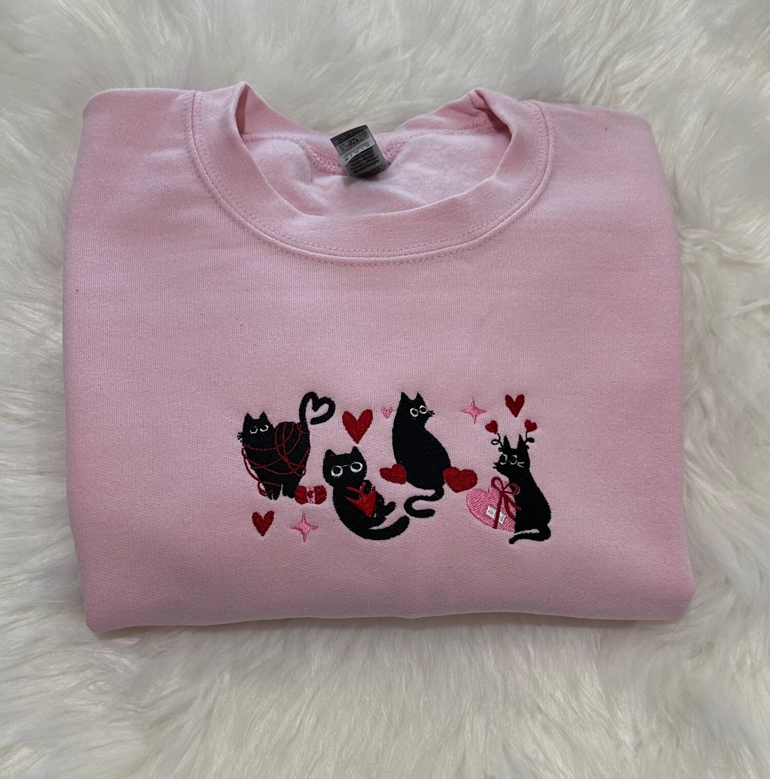 Valentine's Day Black Cats Embroidered Sweatshirt Cat Love Crewneck Gift image 1