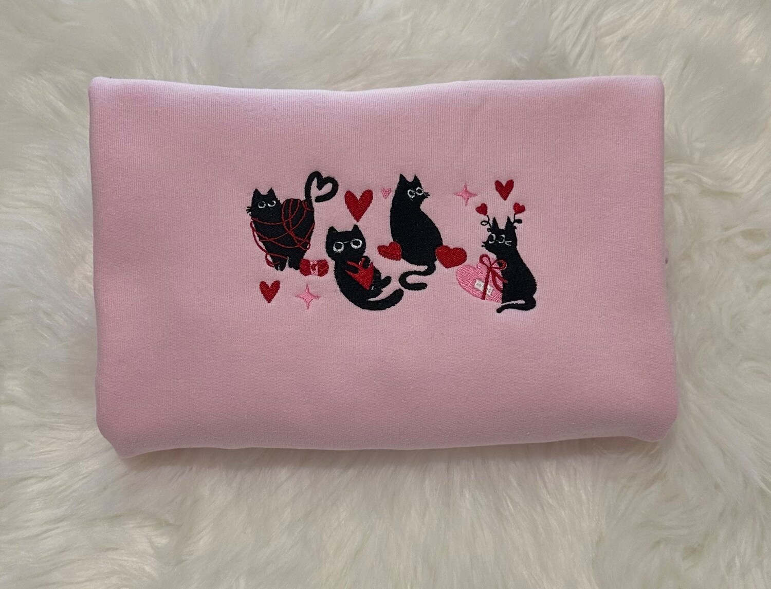 Valentine's Day Black Cats Embroidered Sweatshirt Cat Love Crewneck Gift image 2