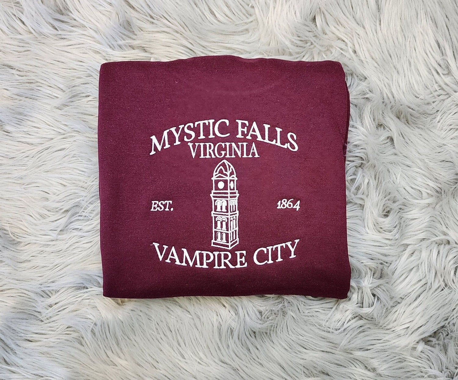 Mystic Falls Embroidered Crewneck Sweatshirt Unisex Vampire City Themed Pullover image 1