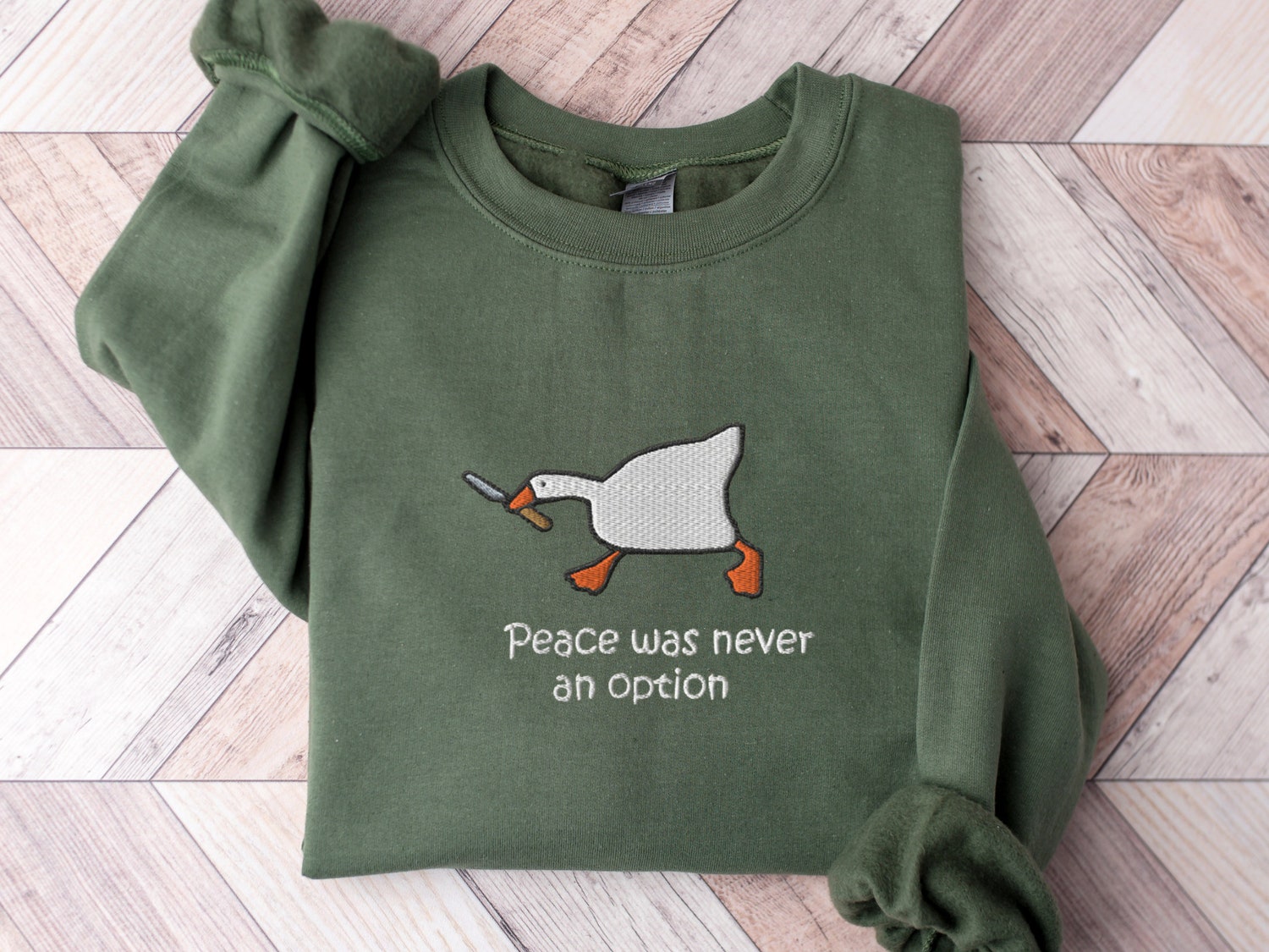 Murder Duck Meme Embroidered Crewneck Sweatshirt Funny Silly Goose Shirt Peace Was Never an Option image 3