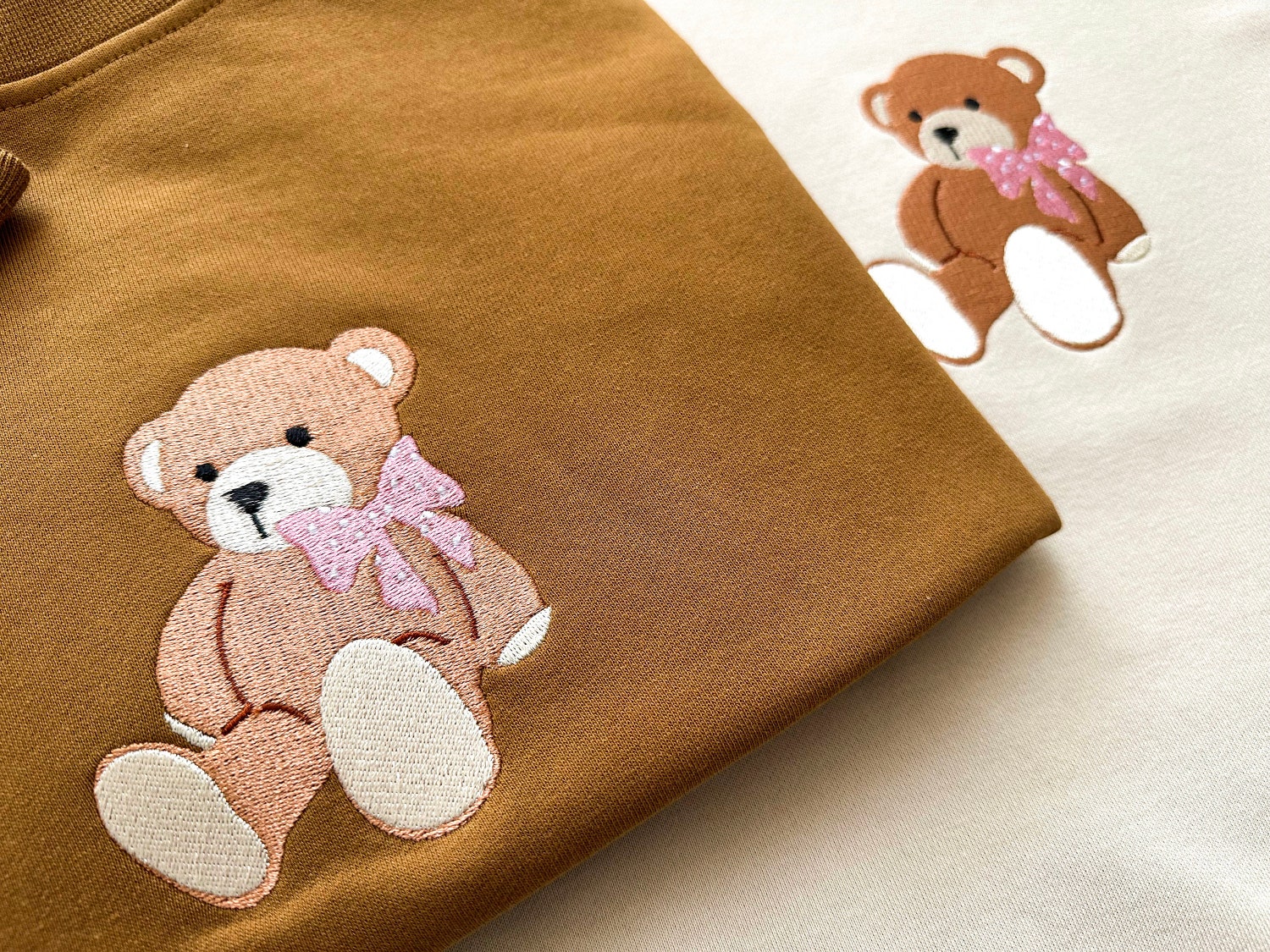 Adorable Teddy Bear Embroidered Sweatshirt Cute Bow Crewneck Sweater Teddy Bear Lover Gift image 3