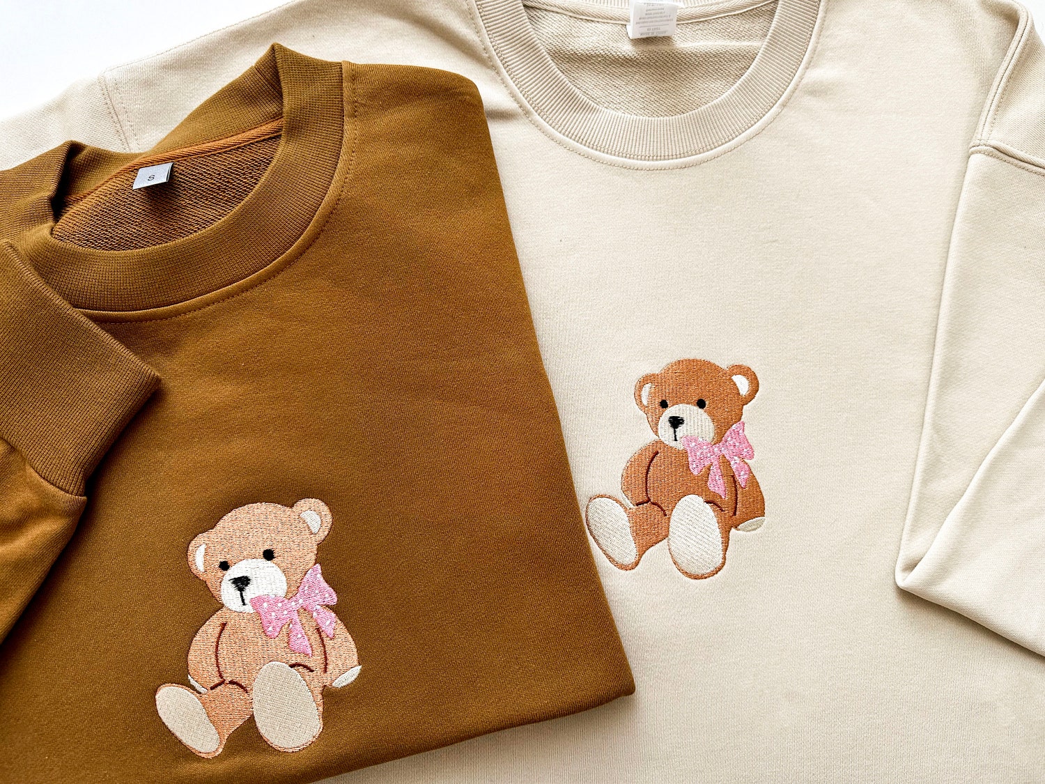 Adorable Teddy Bear Embroidered Sweatshirt Cute Bow Crewneck Sweater Teddy Bear Lover Gift image 1