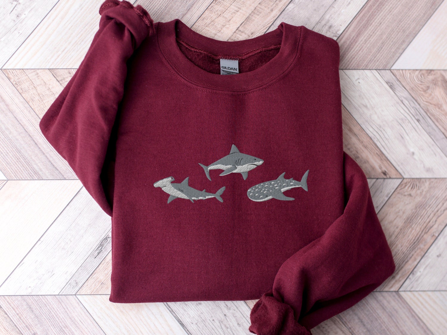 Embroidered Sharks Sweatshirt Great White Hammerhead & Whale Shark Marine Biology Gift image 6