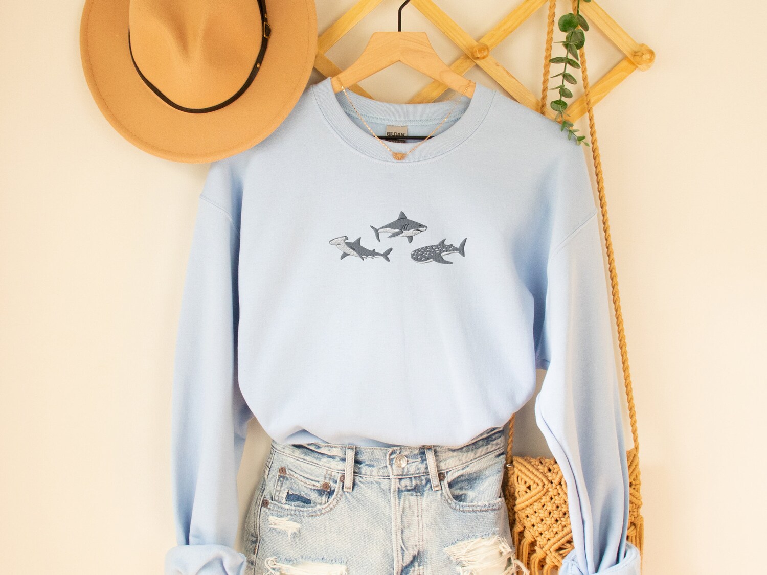 Embroidered Sharks Sweatshirt Great White Hammerhead & Whale Shark Marine Biology Gift image 3