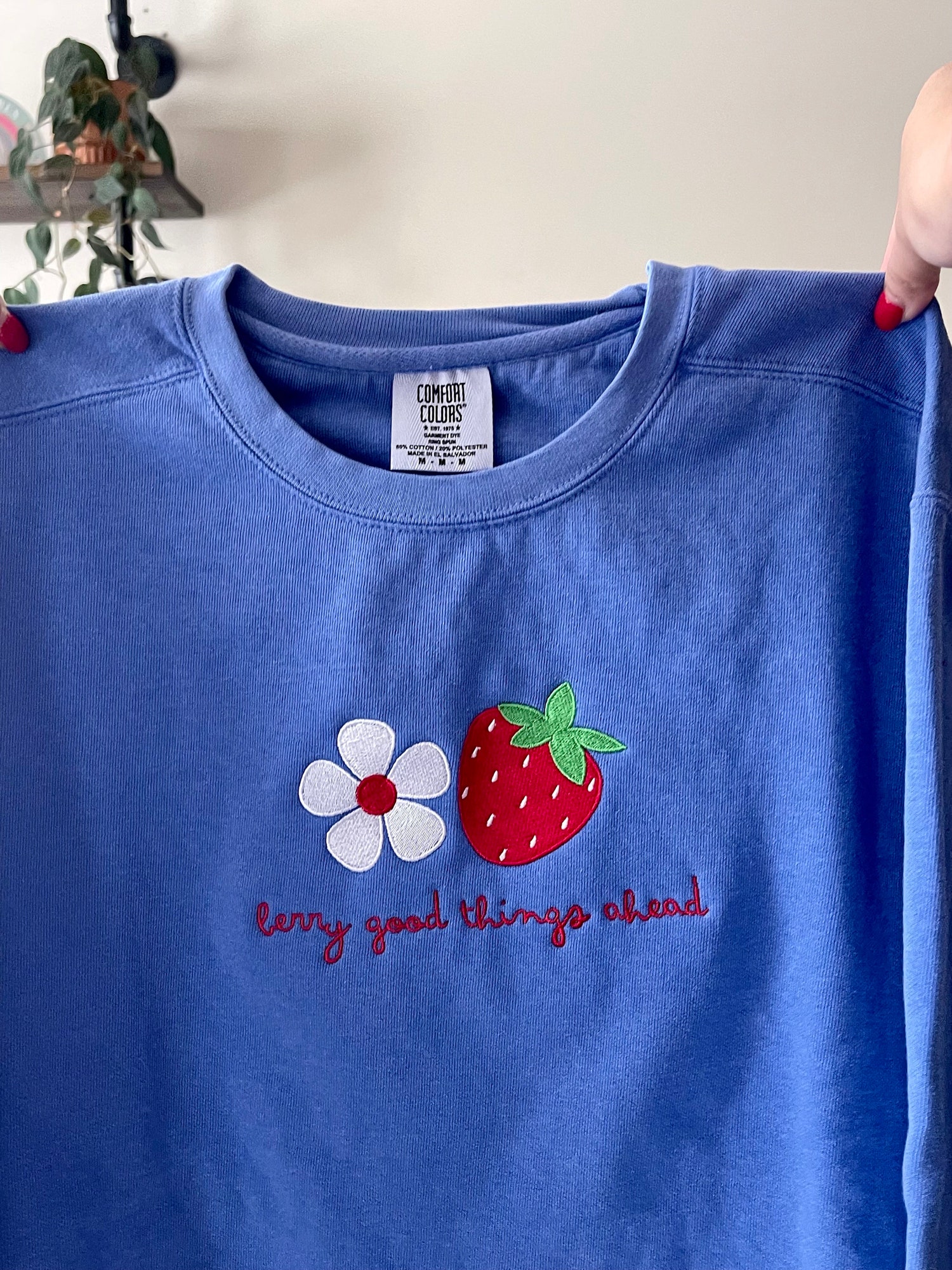 Strawberry Embroidered Sweatshirt - Cute Spring Crewneck - Aesthetic Gifts for Her image 1