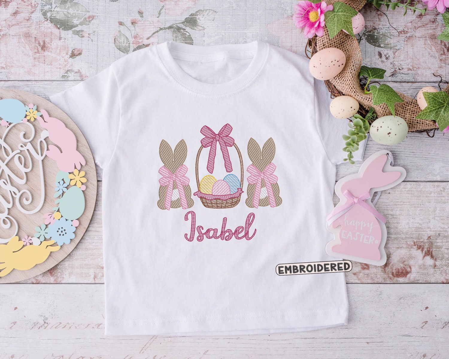 Girls' Personalized Embroidered Easter Bunny Shirt Baby's First Easter Outfit image 1