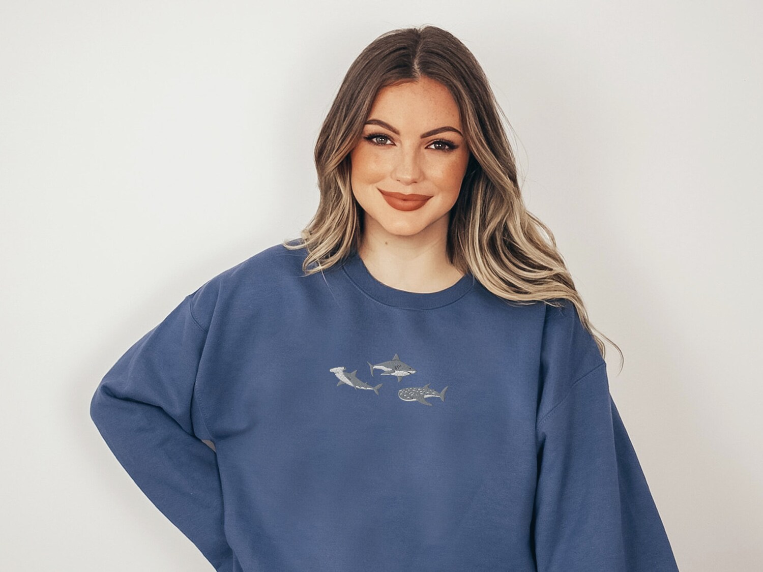 Embroidered Sharks Sweatshirt Great White Hammerhead & Whale Shark Marine Biology Gift image 4
