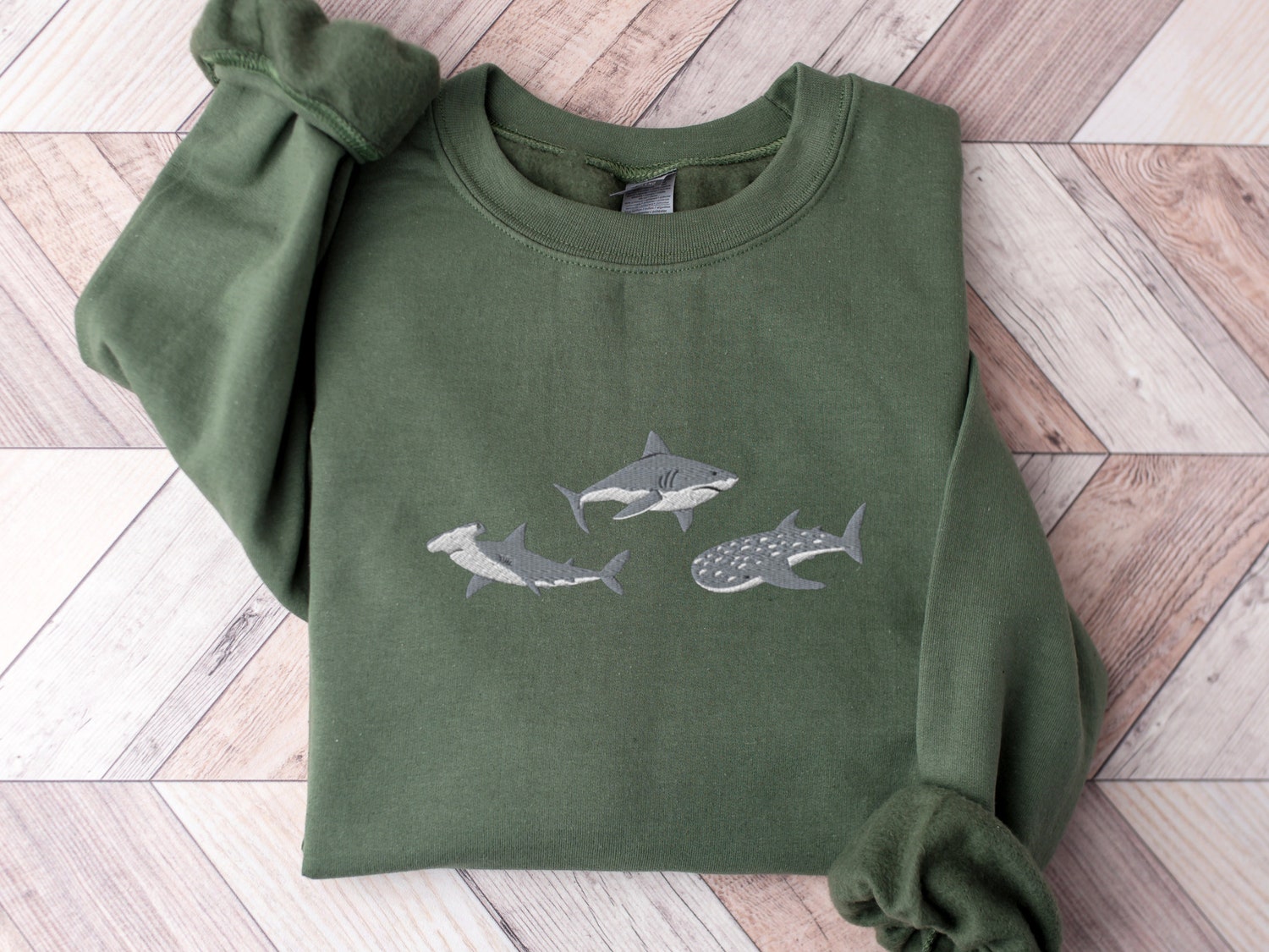 Embroidered Sharks Sweatshirt Great White Hammerhead & Whale Shark Marine Biology Gift image 5