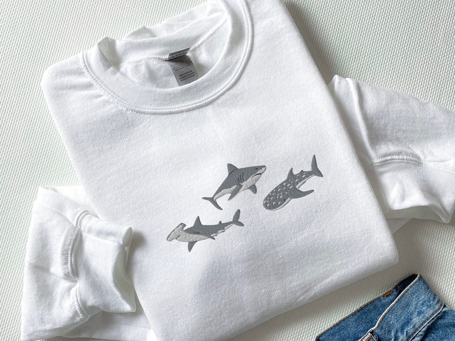 Embroidered Sharks Sweatshirt Great White Hammerhead & Whale Shark Marine Biology Gift image 1