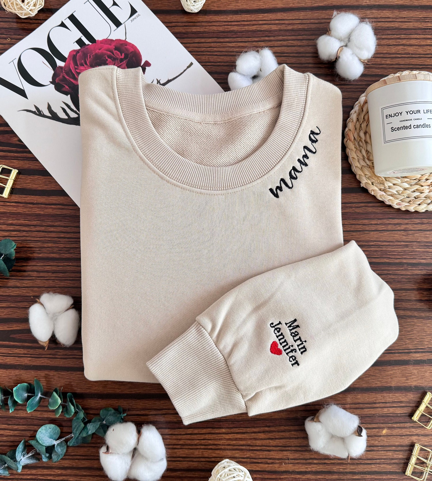 Custom Mama Sweatshirt with Heart Embroidery Personalized Sleeve Embroidery Gift for Her image 1