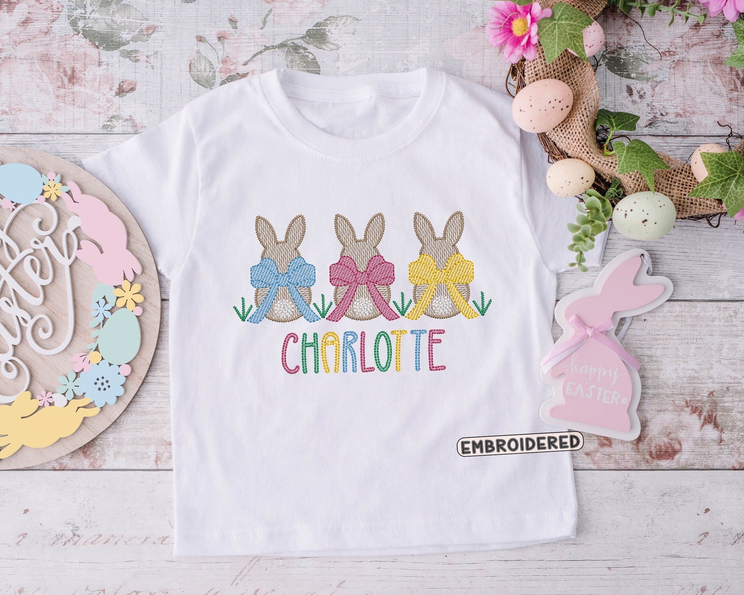 Personalized Girls Easter Bunny Shirt Embroidered Baby First Easter Outfit Easter Girl Shirt image 2