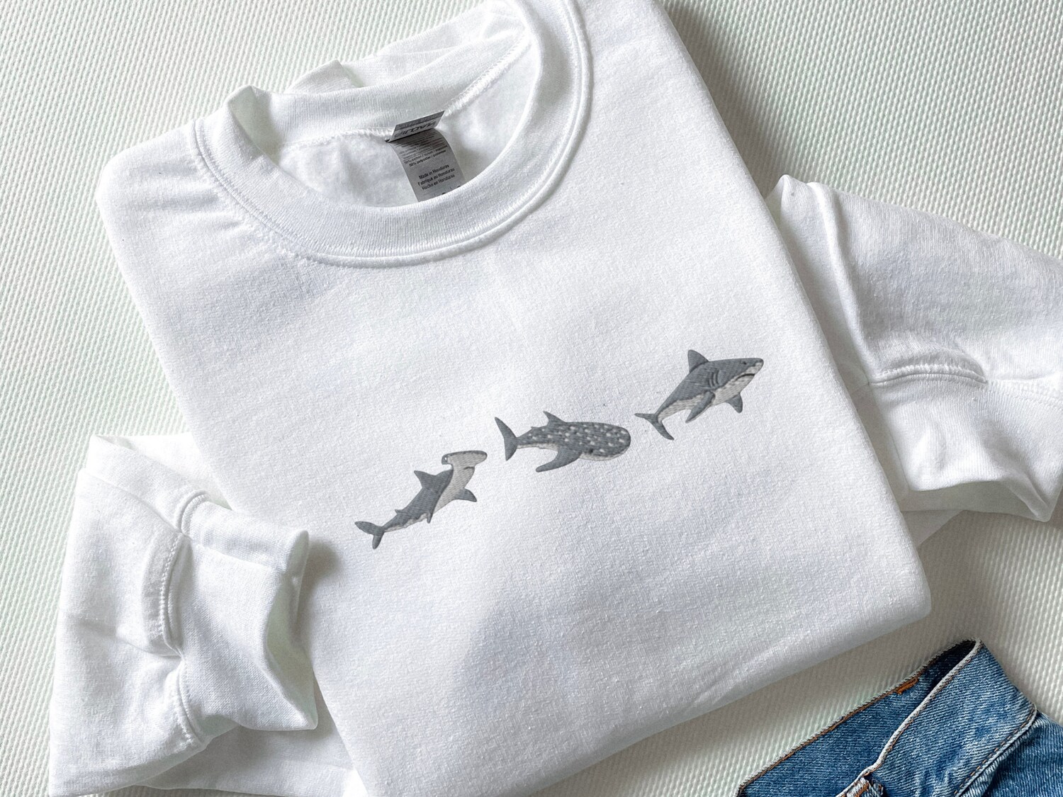 Embroidered Sharks Sweatshirt Great White Hammerhead Whale Shark Shirt Marine Biology Gift image 1