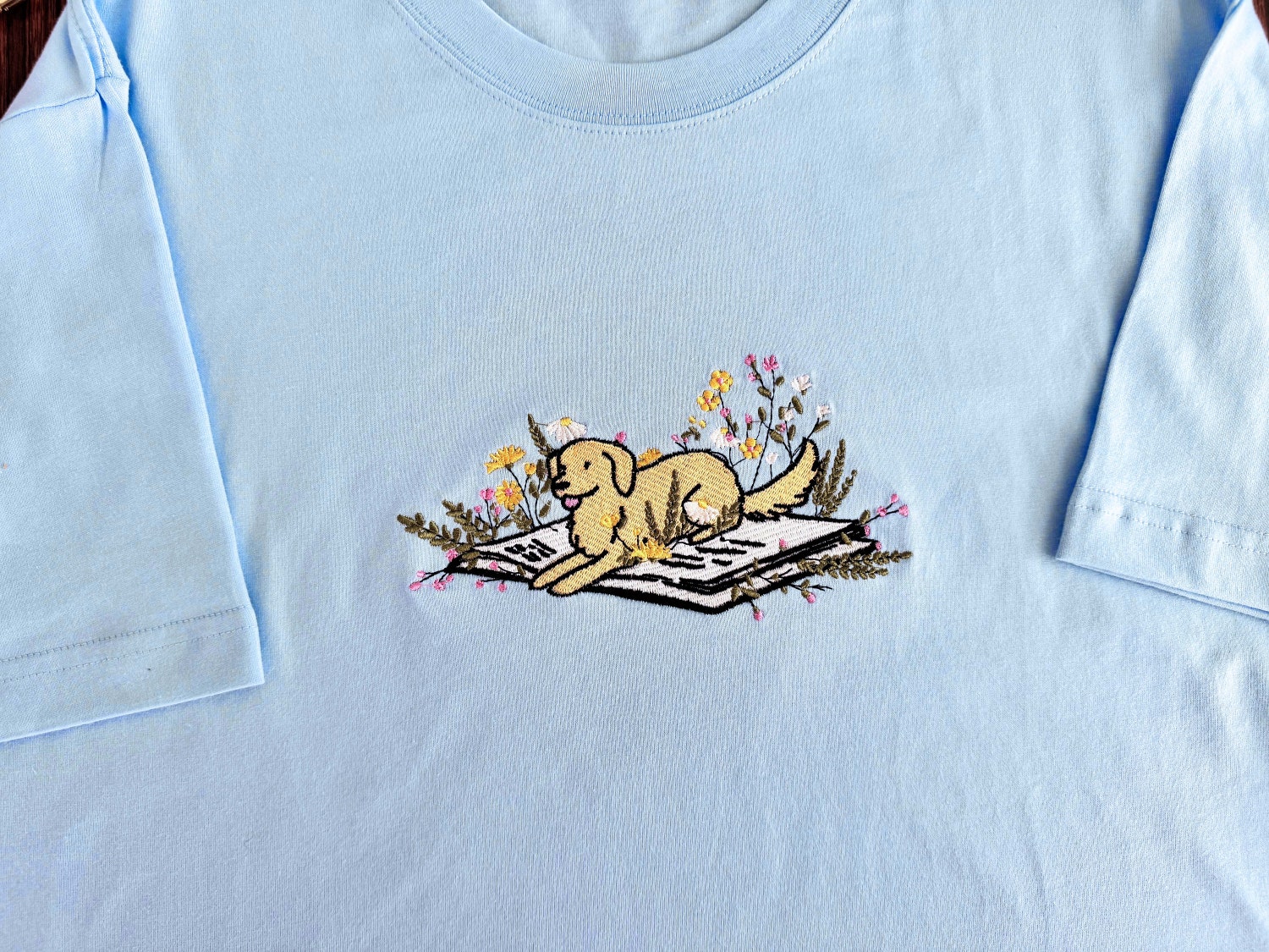 Embroidered Dog with Book and Flower Unisex T-Shirt Book Lover Hoodie Sweatshirt image 1
