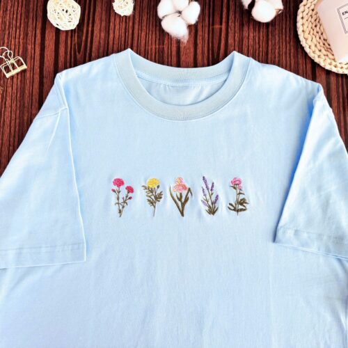 Wildflower Embroidered Unisex T-Shirt Pinky Flower Sweatshirt Lavender Embroidered Crew Neck image 0