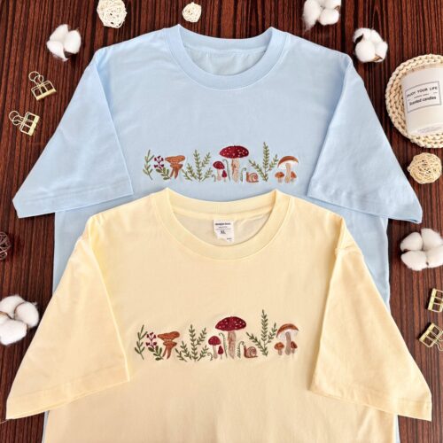 Mushroom Embroidered T-Shirt Cottagecore Botany Sweatshirt Cozy Embroidered Crew Neck image 0