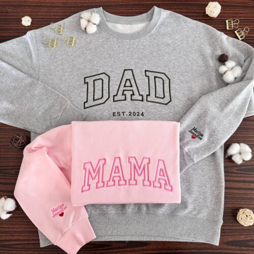 Custom Embroidered New Parents Sweatshirt with Name and Heart New Mom Dad EST Year Sweater image 0